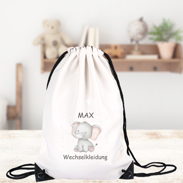 Turnbeutel für Kinder Wechselkleidung-Elefant 1  Personalisiert mit Namen inkl. schwarzem Kordelzugband