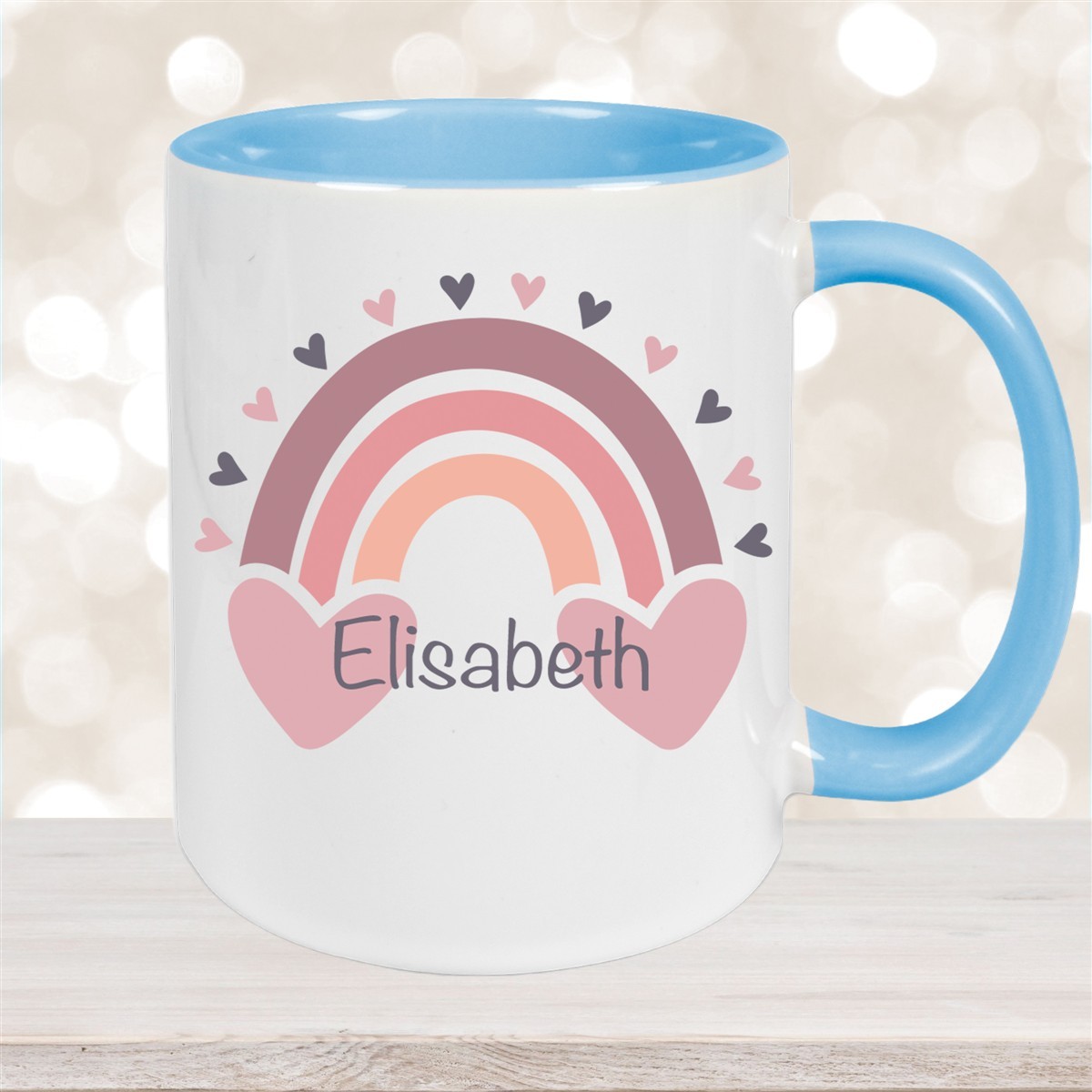 Tasse Wunschname Regenbogen #2 Keramik Kinderbecher Hellblau