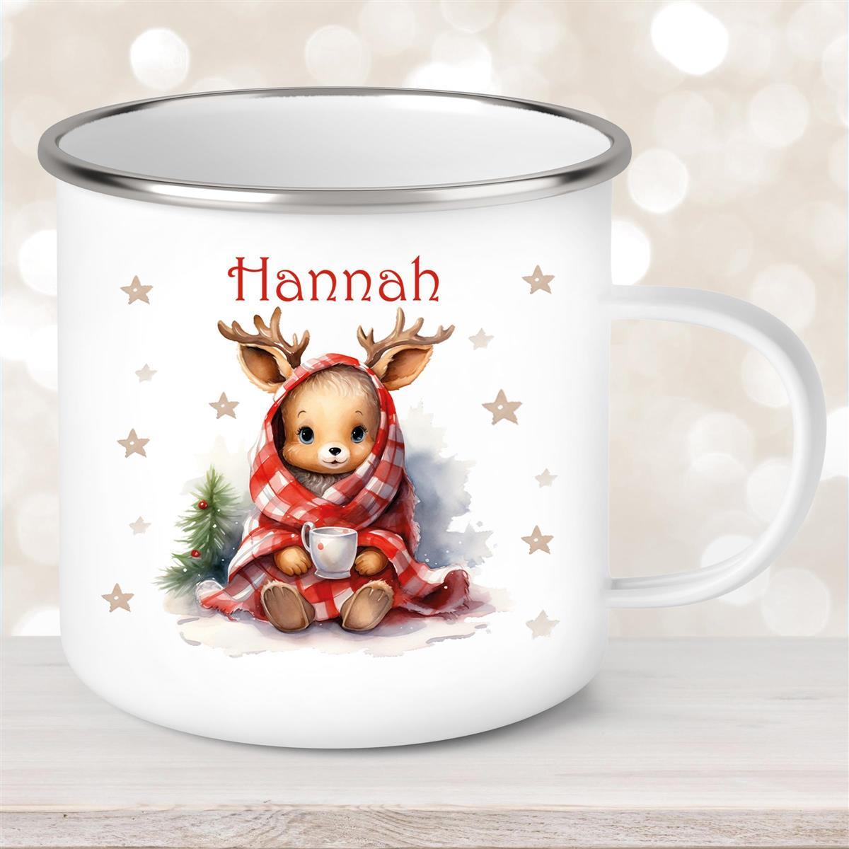 Tasse Wunschname Weihnachten Rehlein #1 Emaille Kinderbecher