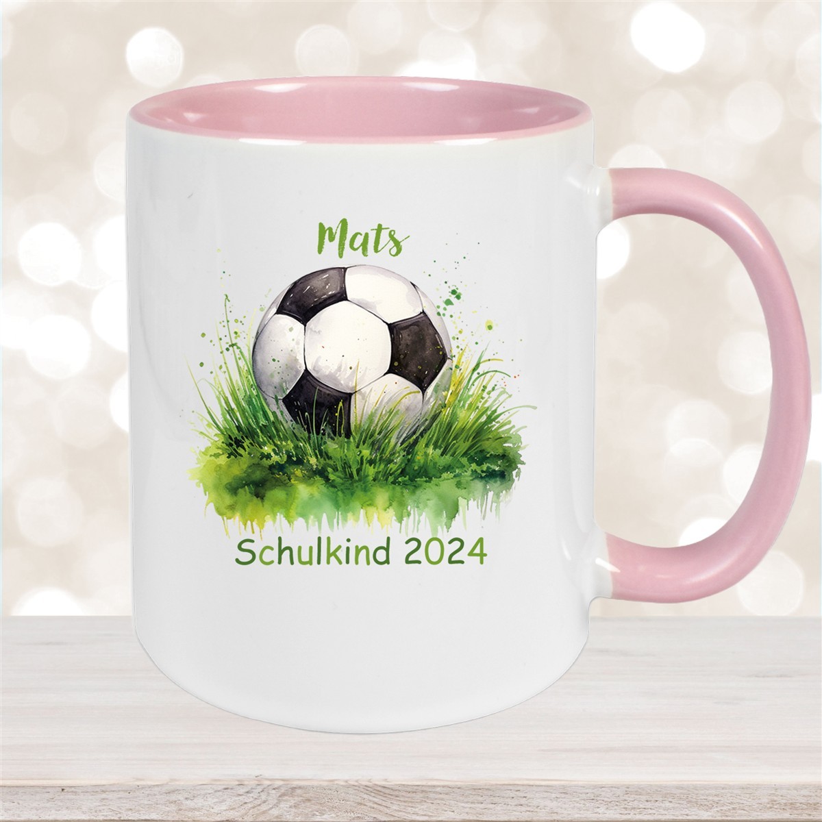 Tasse Schulkind #12 Wunschname Fußball#1 Keramik Kinderbecher Personalisiert Altrosa