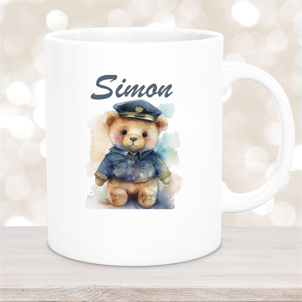 Tasse Polizei Teddy 1 Wunschname Keramik Kinderbecher personalisiert versch. Farben