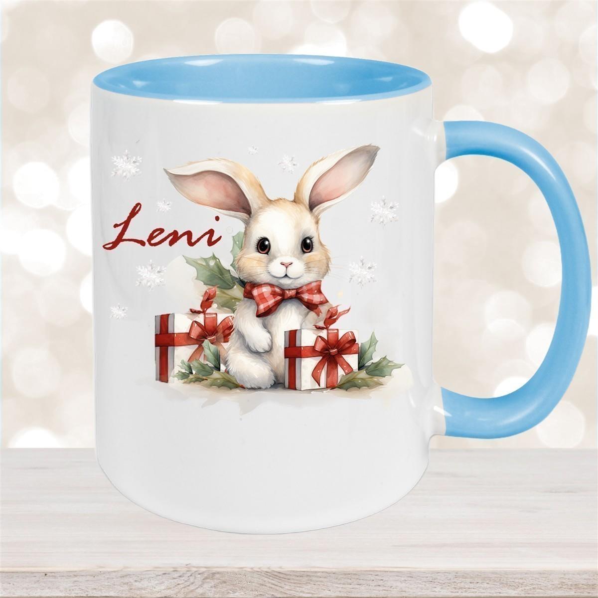 Tasse Wunschname Weihnachten Hase Sterne Keramik Kinderbecher versch. Farben