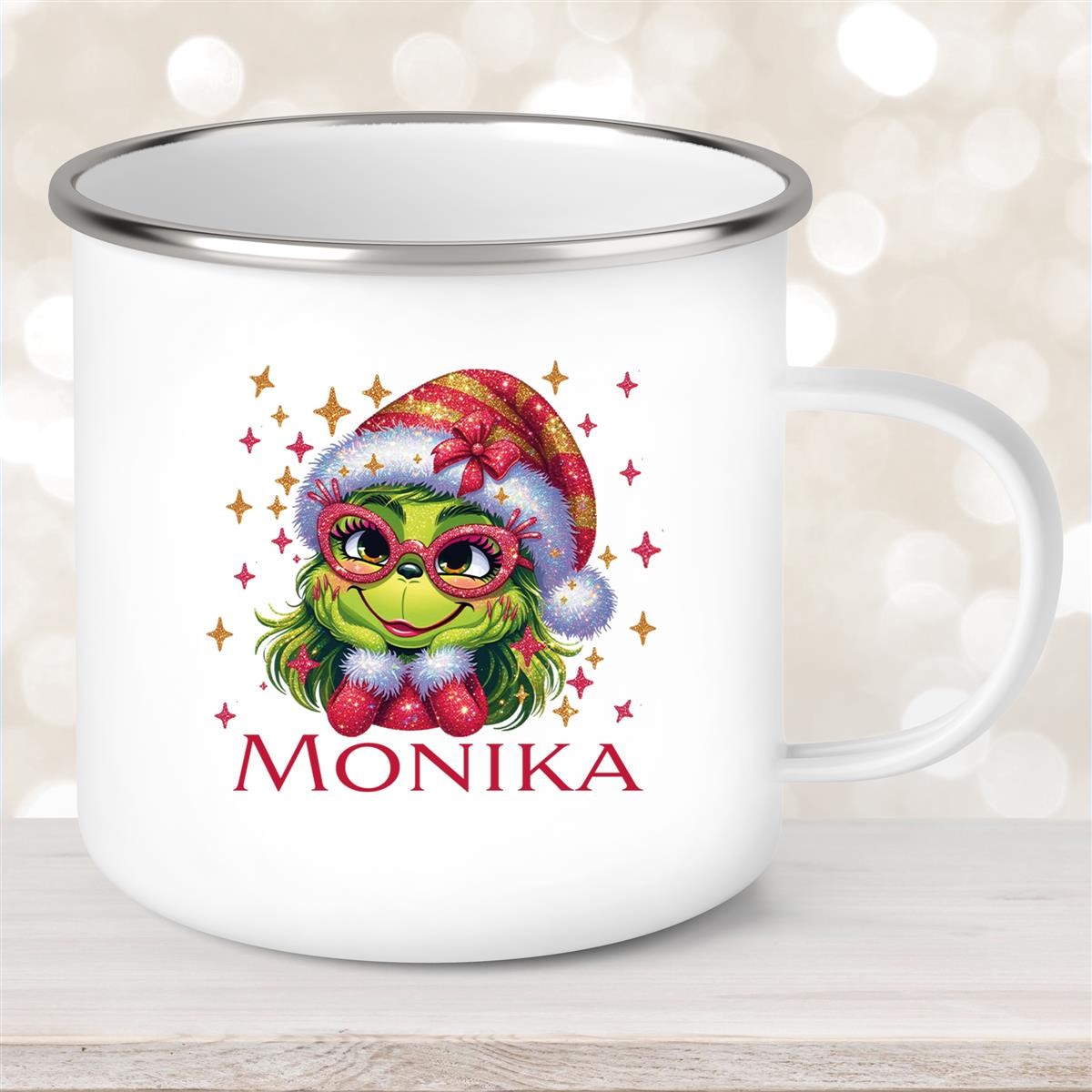Tasse Wunschname Weihnachten Lady-Grinch #1 Emaille Kinderbecher
