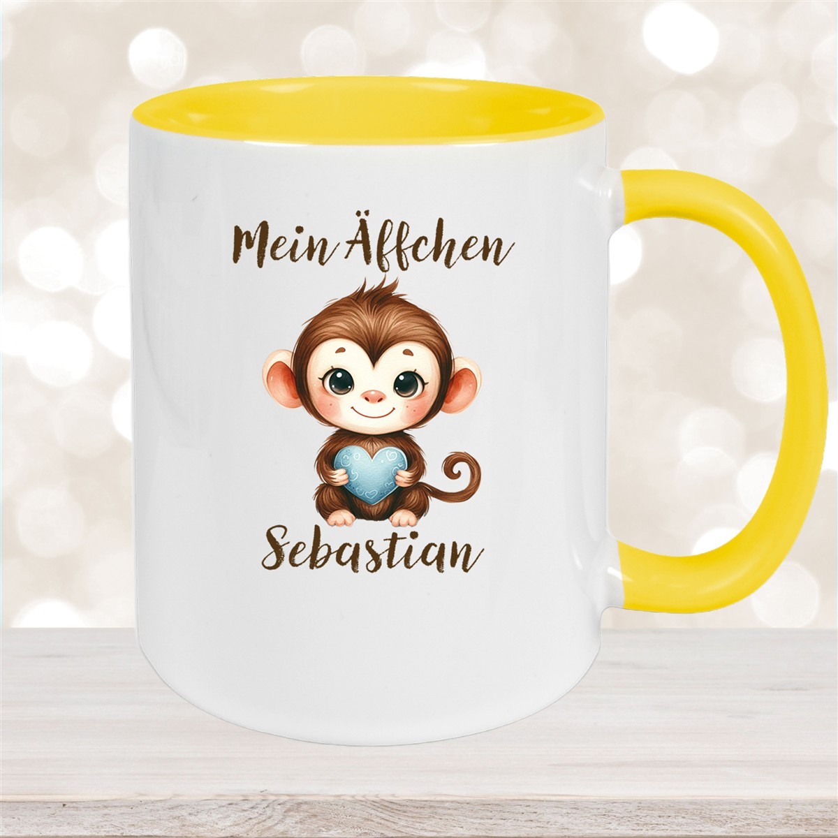 Tasse Liebe - Äffchen Valentinstag Wunschnamen Keramik personalisiert Gelb