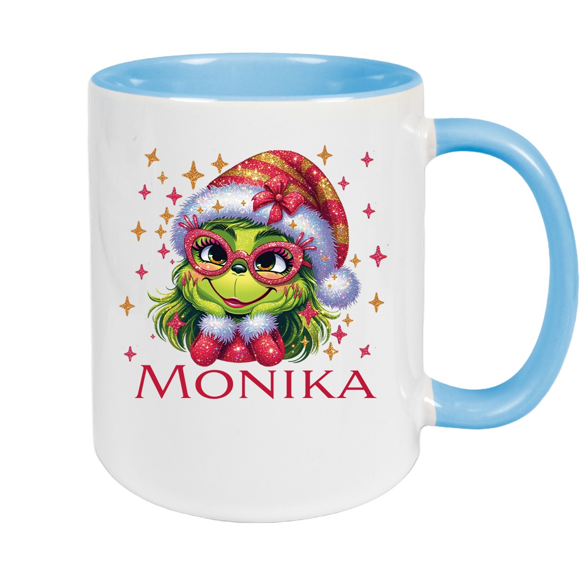 Tasse Wunschname Weihnachten Lady-Grinch #1 Keramik Kinderbecher Hellblau