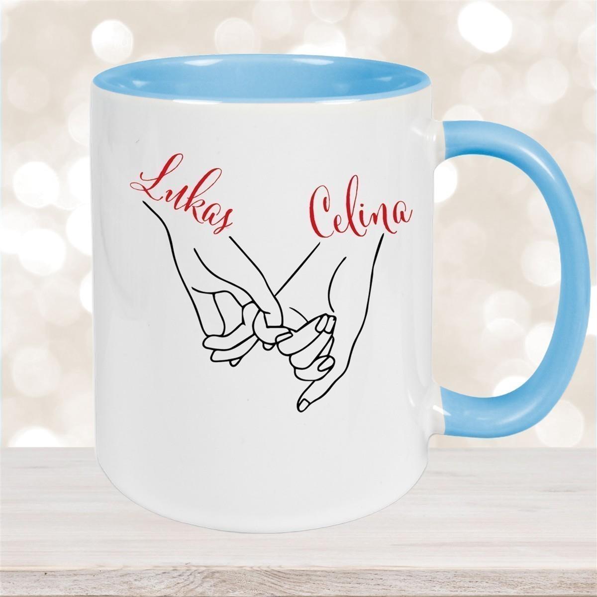 Tasse Hände Valentinstag 5 Wunschnamen Keramik personalisiert versch. Farben