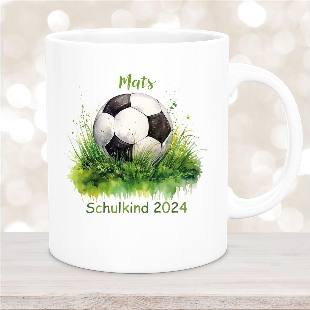 Tasse Schulkind 12 Wunschname Fußball1 Keramik Kinderbecher Personalisiert versch. Farben