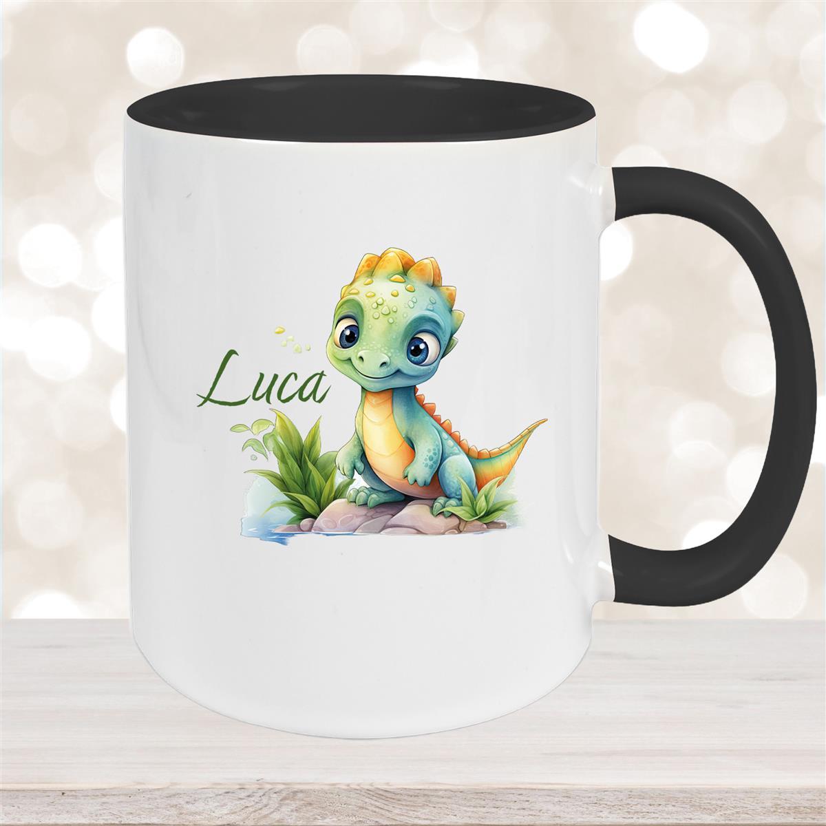 Tasse Dino #11 Wunschname Keramik Kinderbecher Personalisiert Schwarz