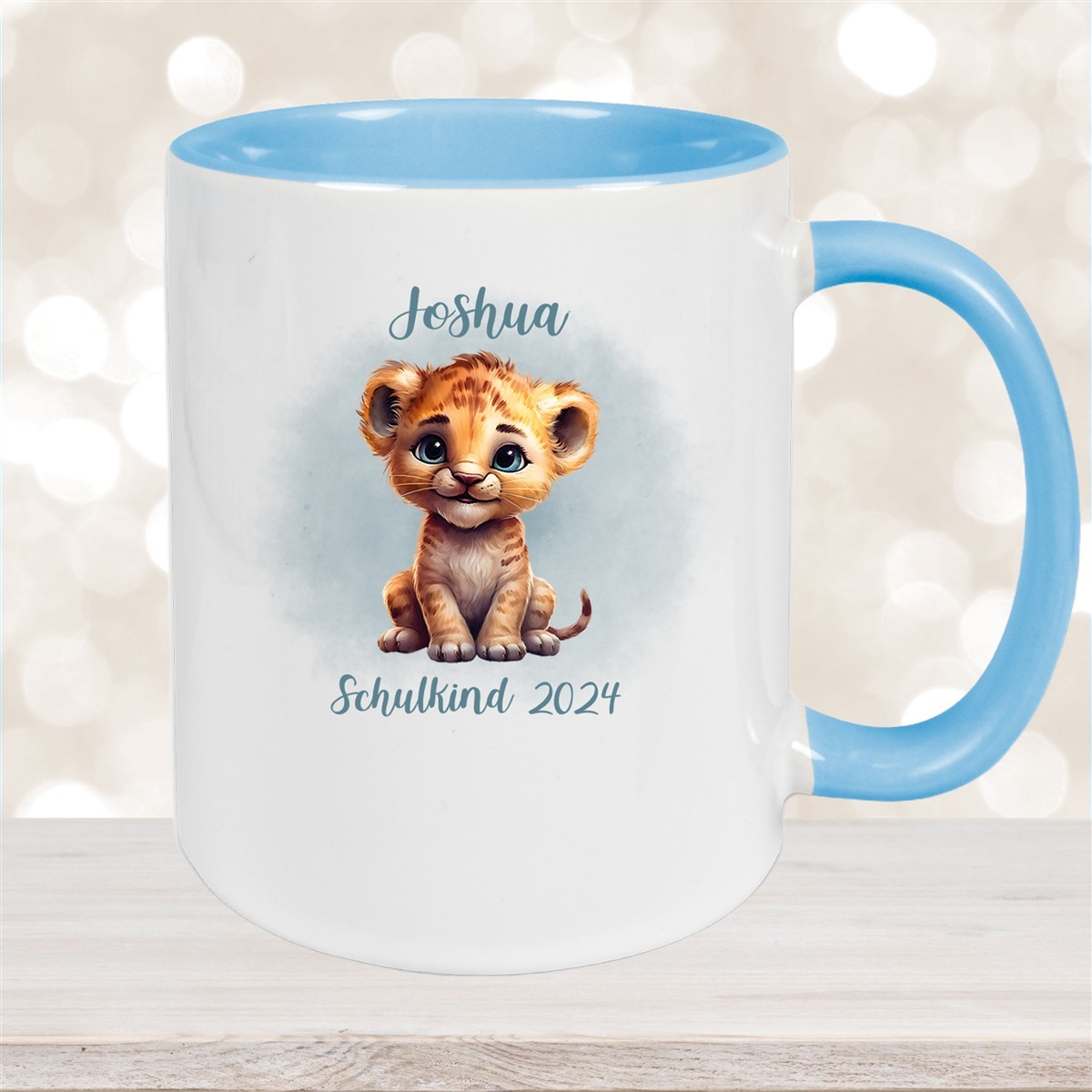 Tasse Schulkind #07 Wunschname Tiger #1 Keramik Kinderbecher Personalisiert Hellblau