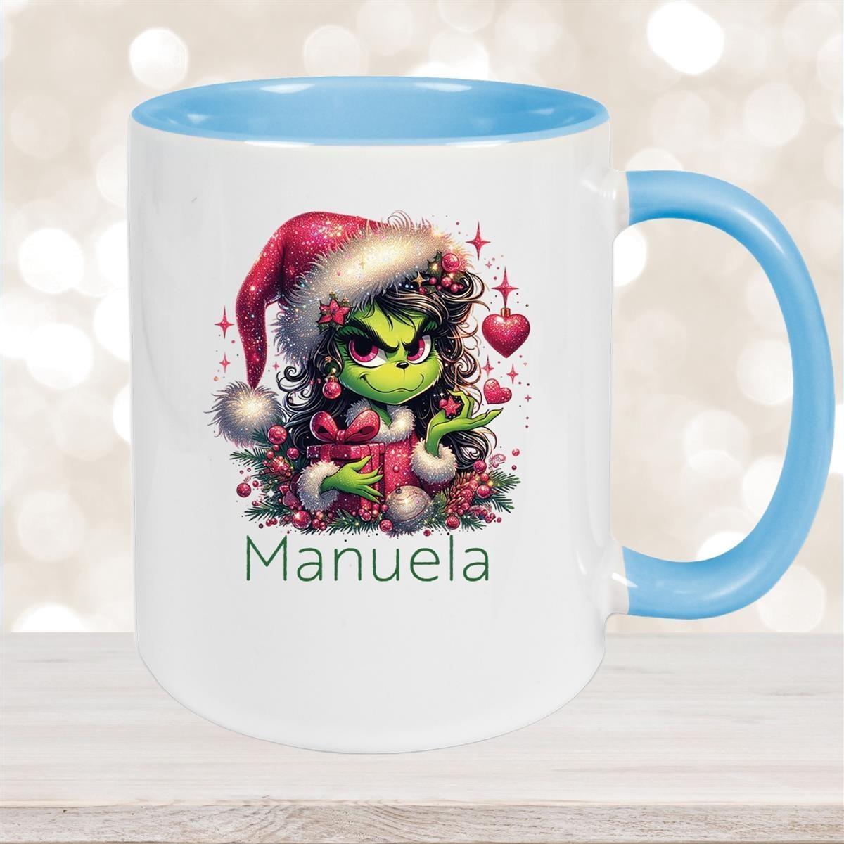 Tasse Wunschname Weihnachten Lady-Grinch 2 Keramik Kinderbecher versch. Farben