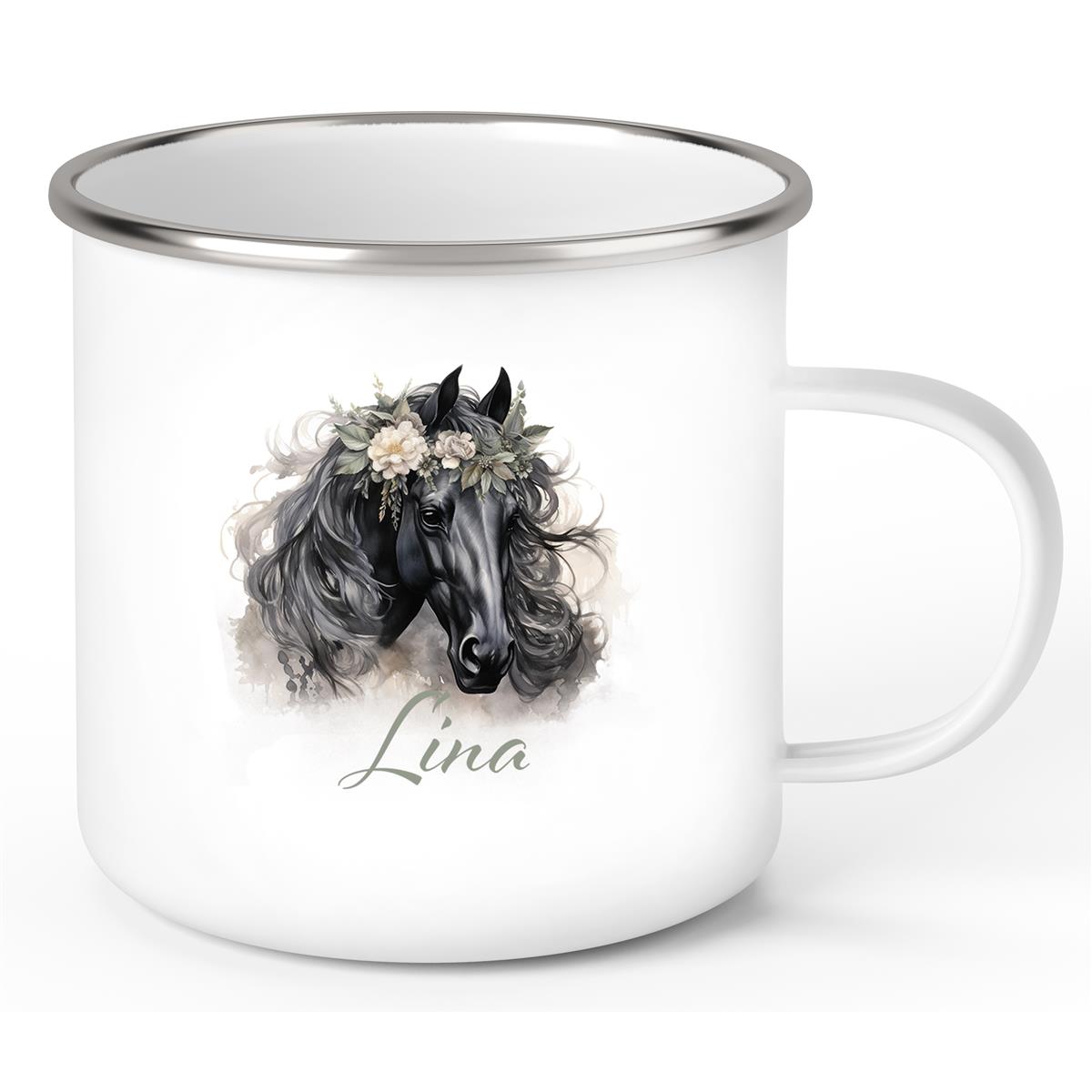 Tasse Pferd 3 Wunschname Emaille Kinderbecher personalisiert