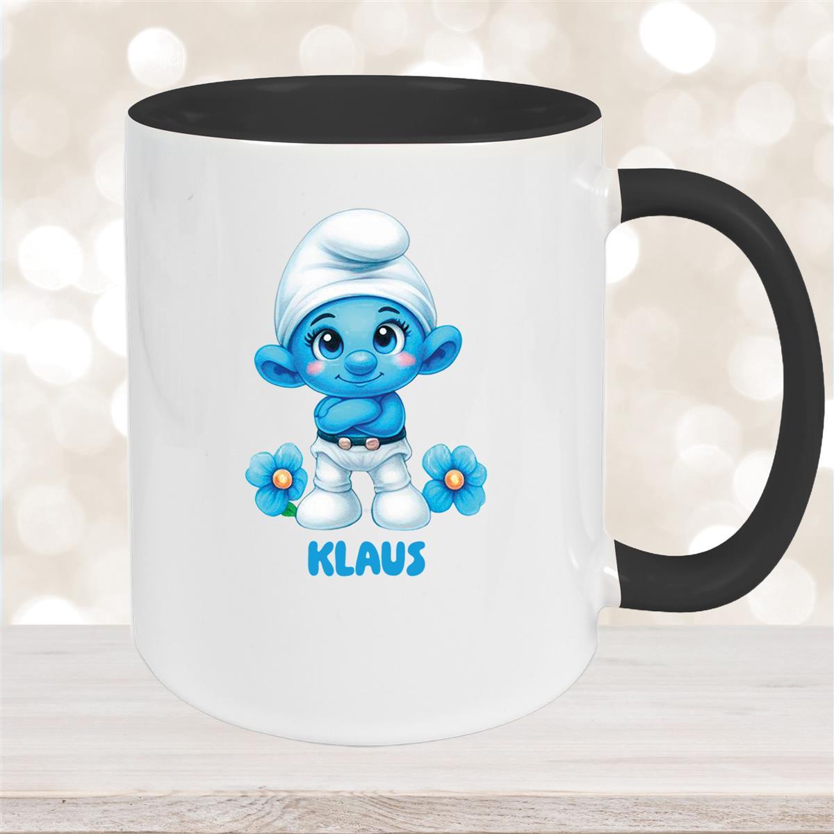 Tasse Kinder Schlumpf #3 Wunschname Keramik Kinderbecher personalisiert versch. Farben Schwarz