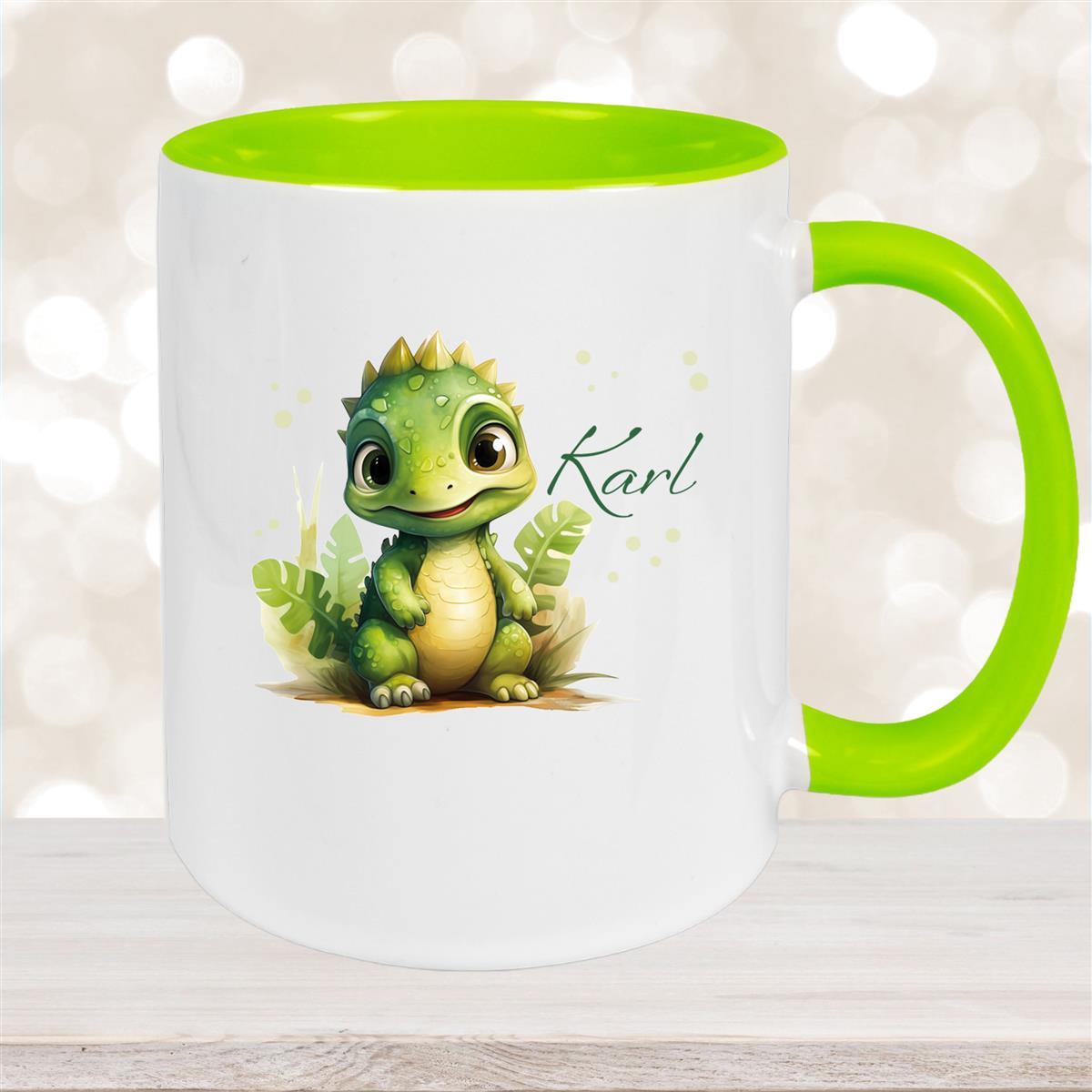 Tasse Dino #16 Wunschname Keramik Kinderbecher Personalisiert Grün