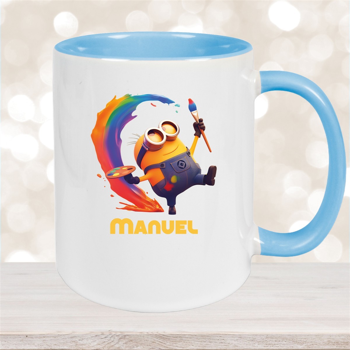 Tasse Minions Kinder Minion #4 Maler Wunschname Keramik Kinderbecher personalisiert versch. Farben Hellblau