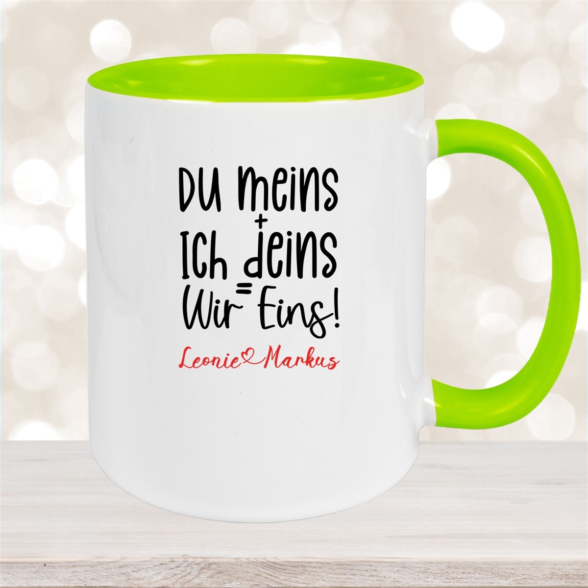 Tasse Liebe - Spruch "du meins, ich deins, wir eins" Valentinstag Wunschnamen Keramik personalisiert versch. Farben Grün