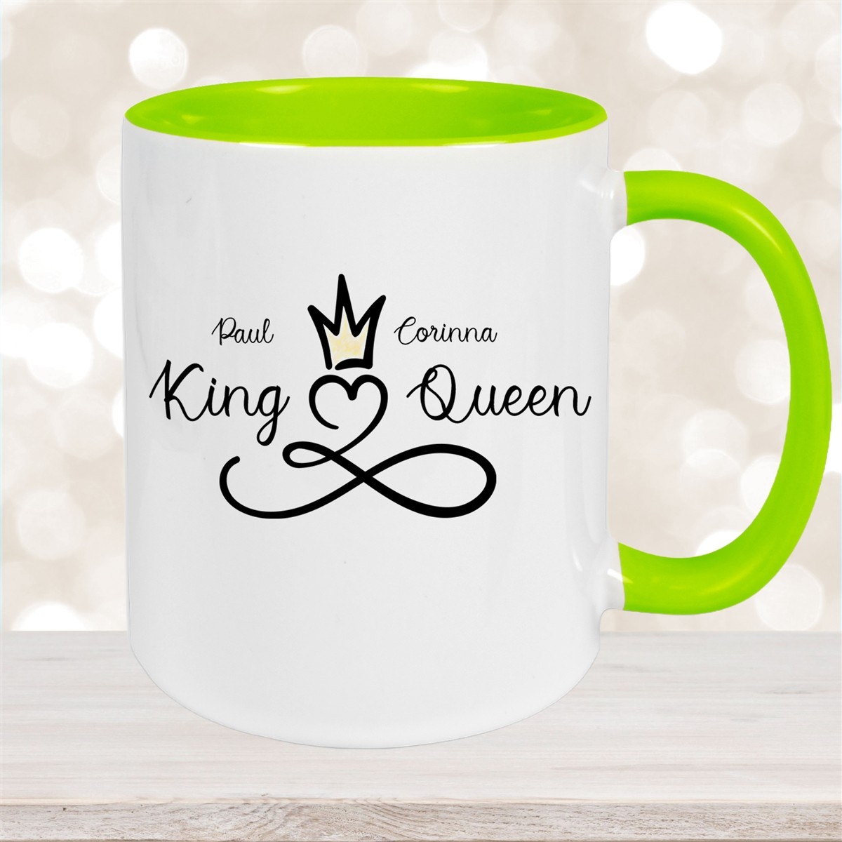 Tasse Liebe - Spruch "King & Queen" Valentinstag Wunschnamen Keramik personalisiert versch. Farben Grün