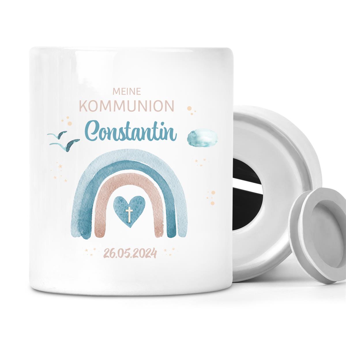 Spardose zur Kommunion mit Wunschname Regenbogen 1 Personalisiert