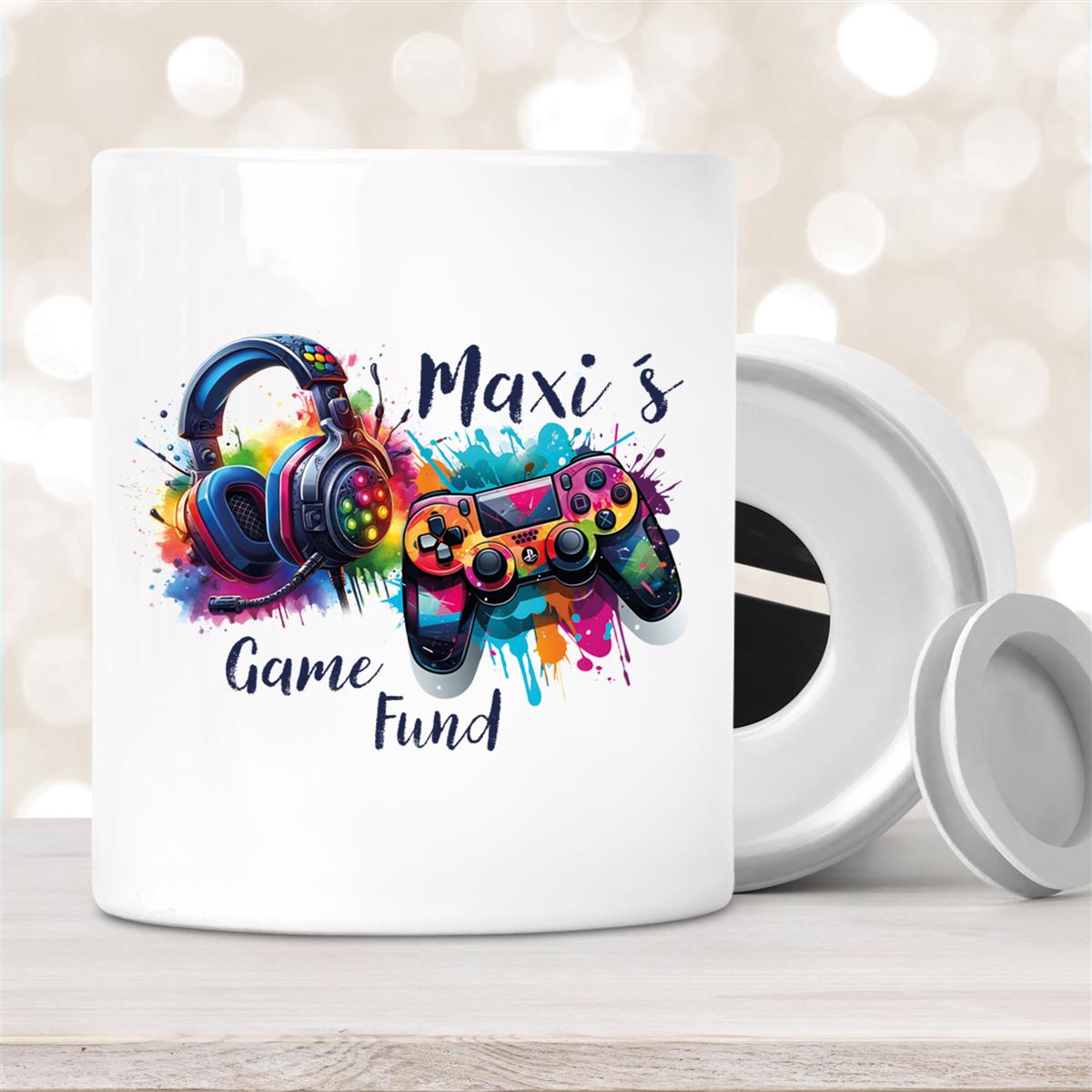 Spardose mit Wunschname Gamer #3, Controller, HeadSet, Gamer Fund, Personalisiert
