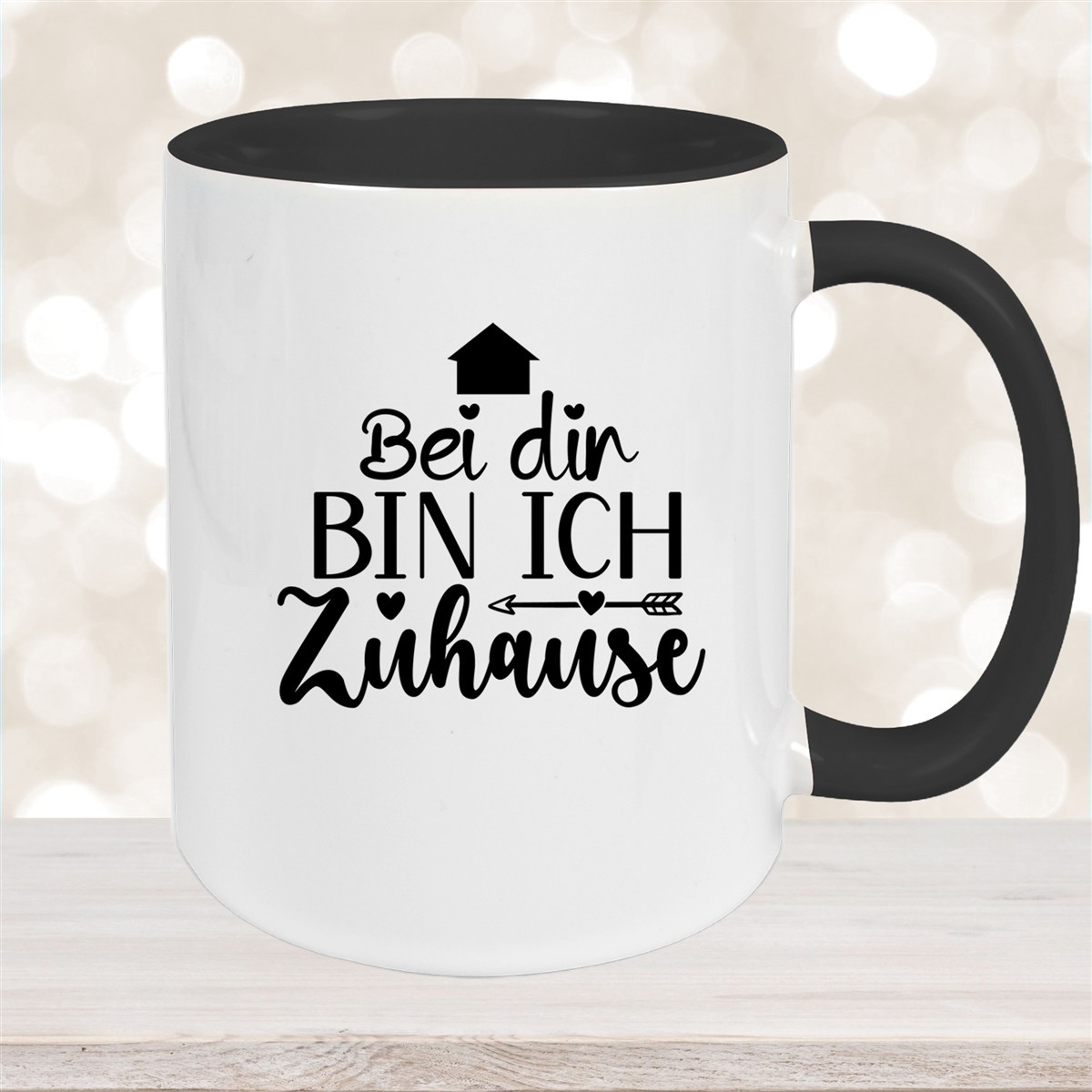 Tasse Liebe -  Spruch "Bei dir bin ich zu Hause" Valentinstag Wunschnamen Keramik personalisiert versch. Farben Schwarz