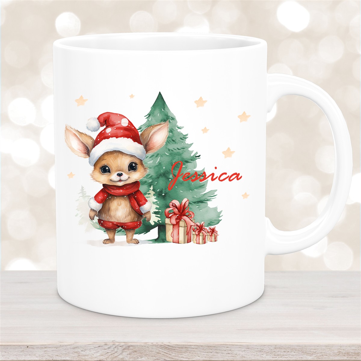 Tasse Wunschname Weihnachten Rehlein-Tannenbaum Keramik Kinderbecher versch. Farben