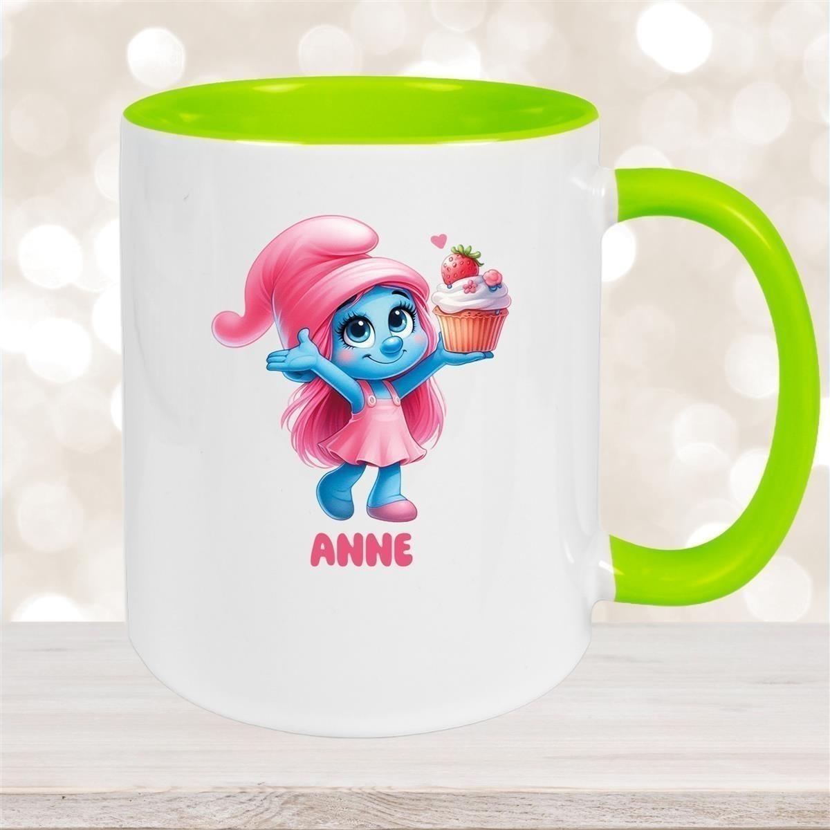 Tasse Kinder Schlumpf 2 mit Muffin Wunschname Keramik Kinderbecher personalisiert versch. Farben