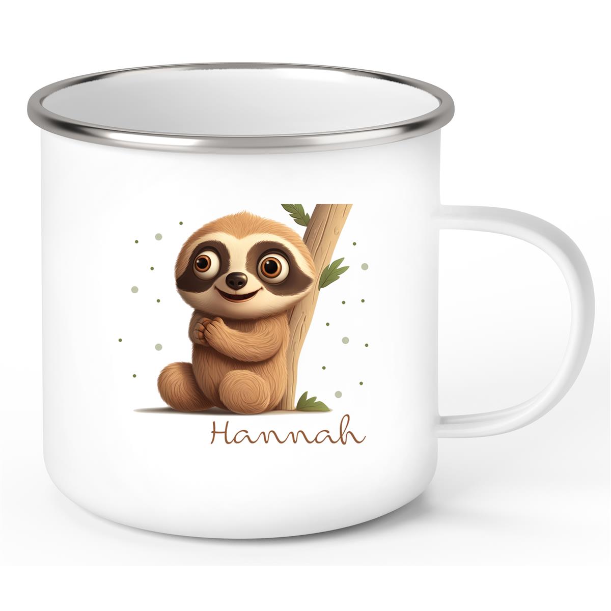 Tasse Wunschname Faultier-Baum Emaille Kinderbecher