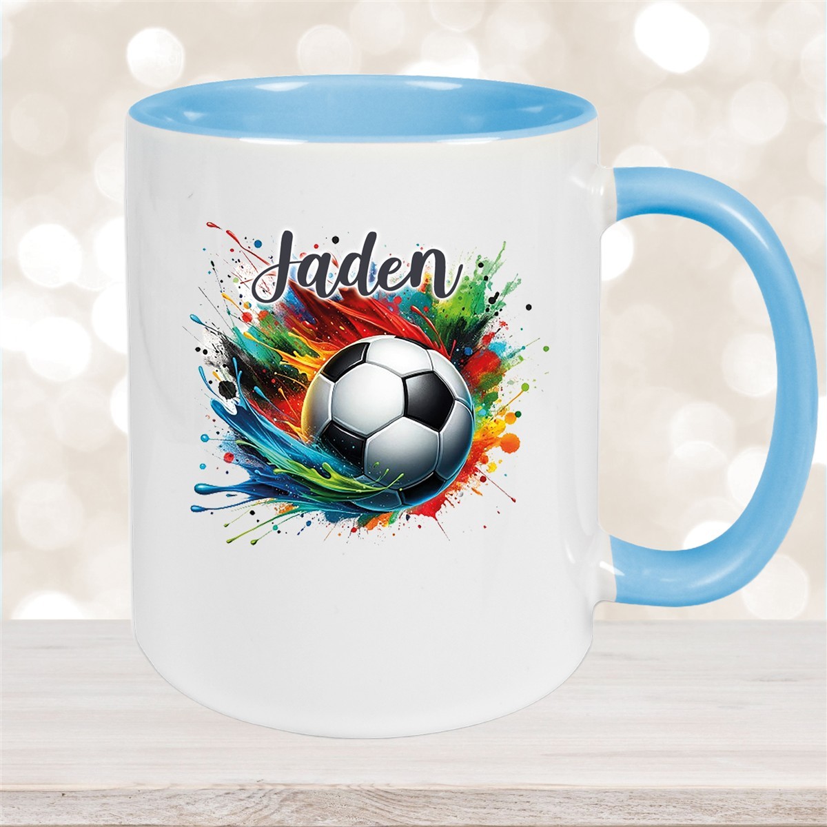 Tasse Wunschname Fußball #11 Keramik Kinderbecher Hellblau