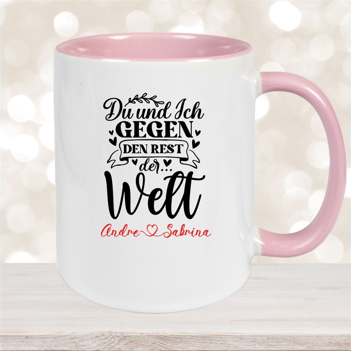 Tasse Liebe - Spruch "Du und Ich, gegen den Rest der Welt" Valentinstag Wunschnamen Keramik personalisiert versch. Farben Altrosa