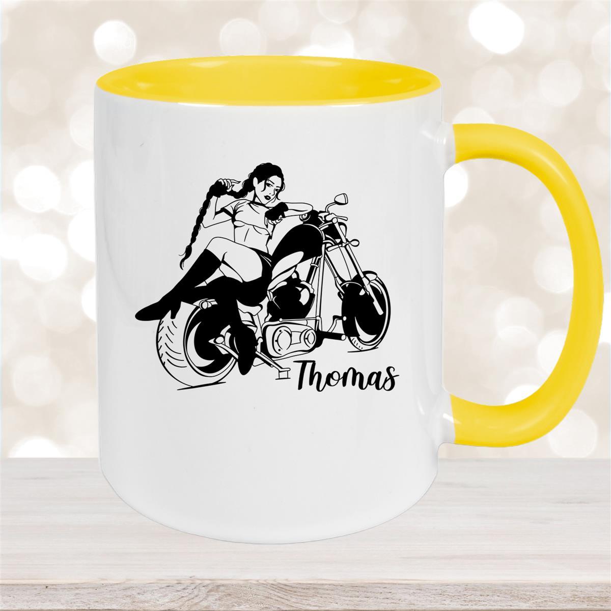 Tasse Bike #01, Biker Girl, Motorrad Keramik personalisiert Gelb