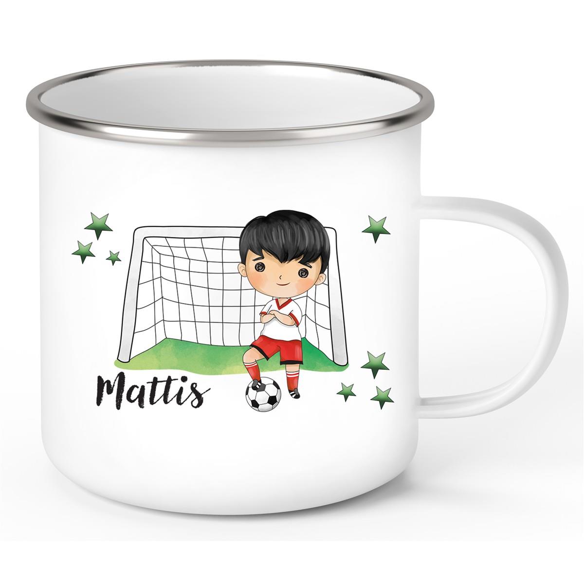 Tasse Fußball 2 Wunschname Emaille Kinderbecher personalisiert