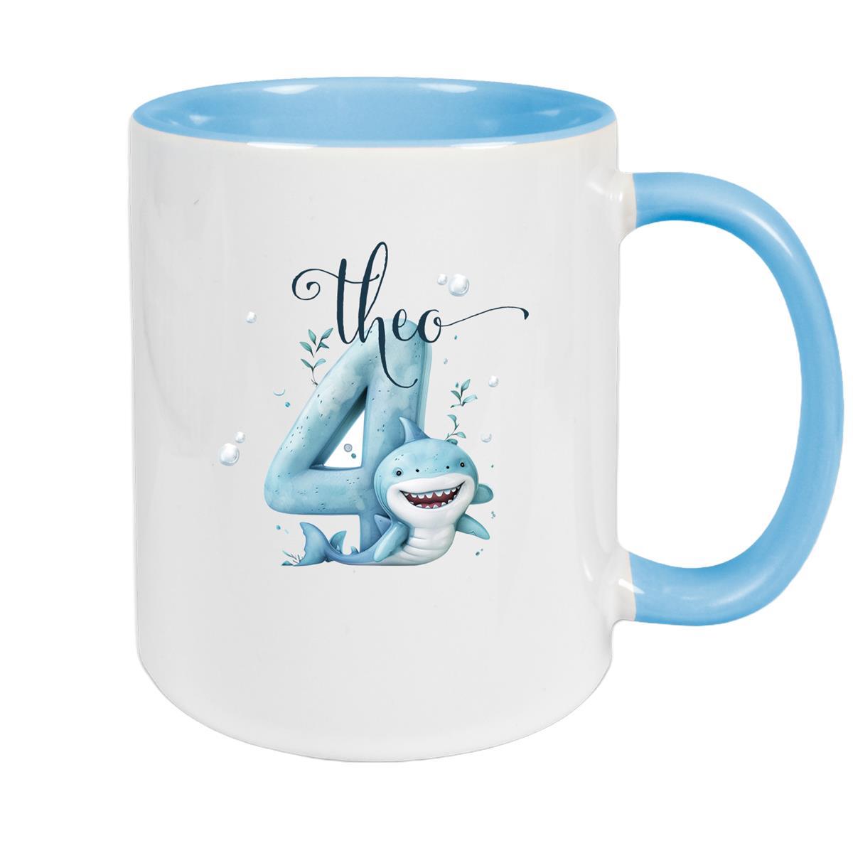 Tasse Geburtstag Hai Zahl 1 Wunschname Keramik Kinderbecher Personalisiert versch. Farben