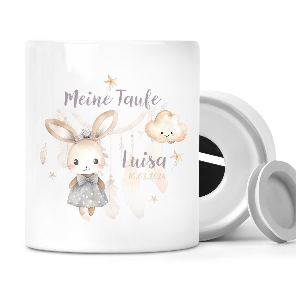 Spardose mit Wunschname Taufe Hase 1 personalisiert