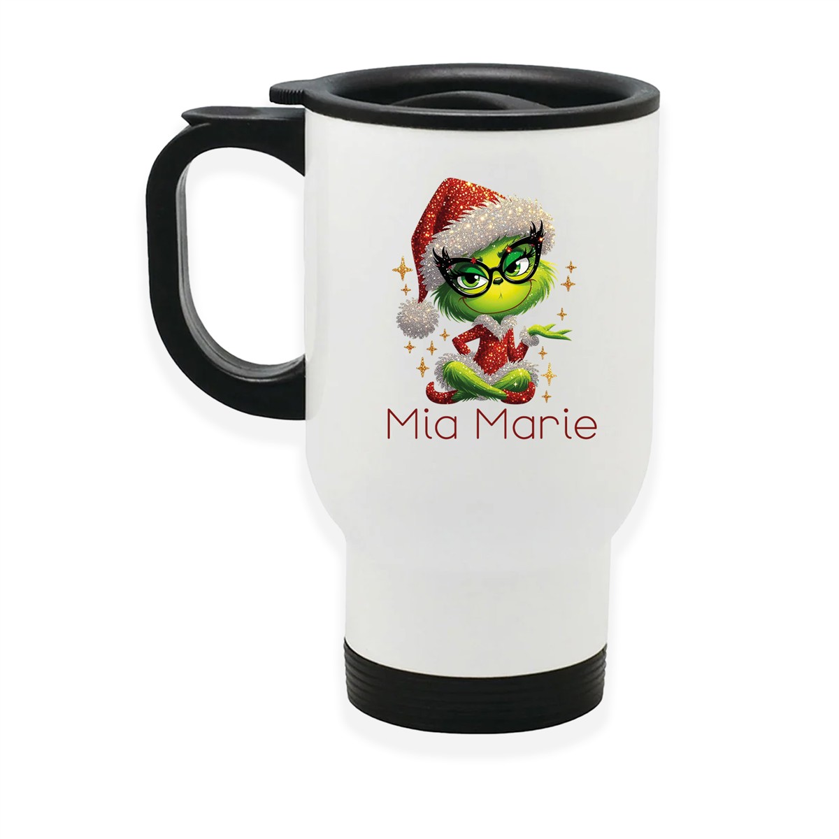 Edelstahl-Thermobecher mit Deckel Weihnachten Lady-Grinch 4 personalisiert weiß