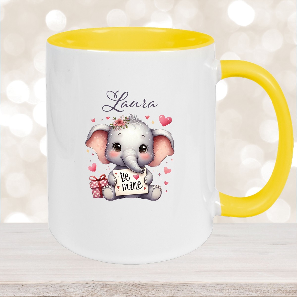 Tasse Liebe - Elefant Valentinstag Wunschnamen Keramik personalisiert versch. Farben Gelb