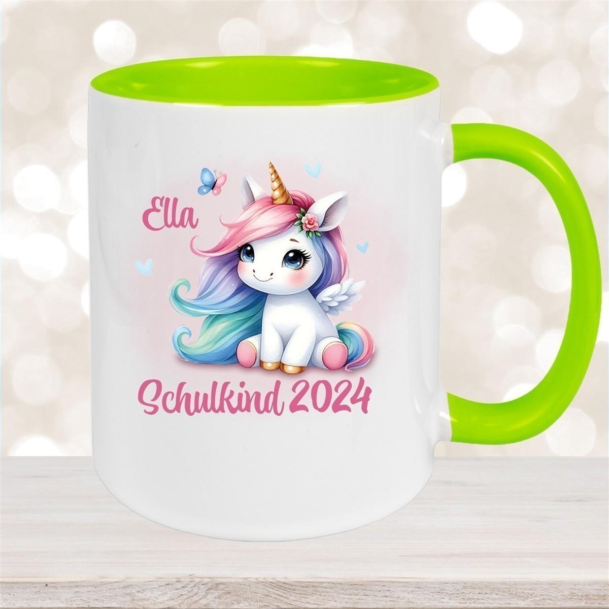 Tasse Schulkind 09 Wunschname Einhorn 2 Keramik Kinderbecher Personalisiert versch. Farben