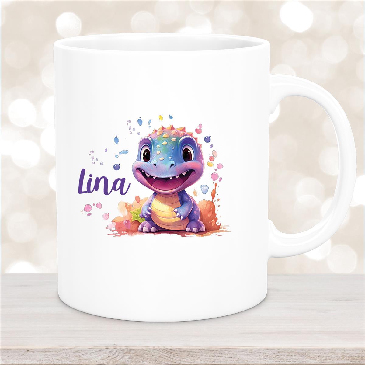 Tasse Dino #9 Wunschname Keramik Kinderbecher Personalisiert Weiß