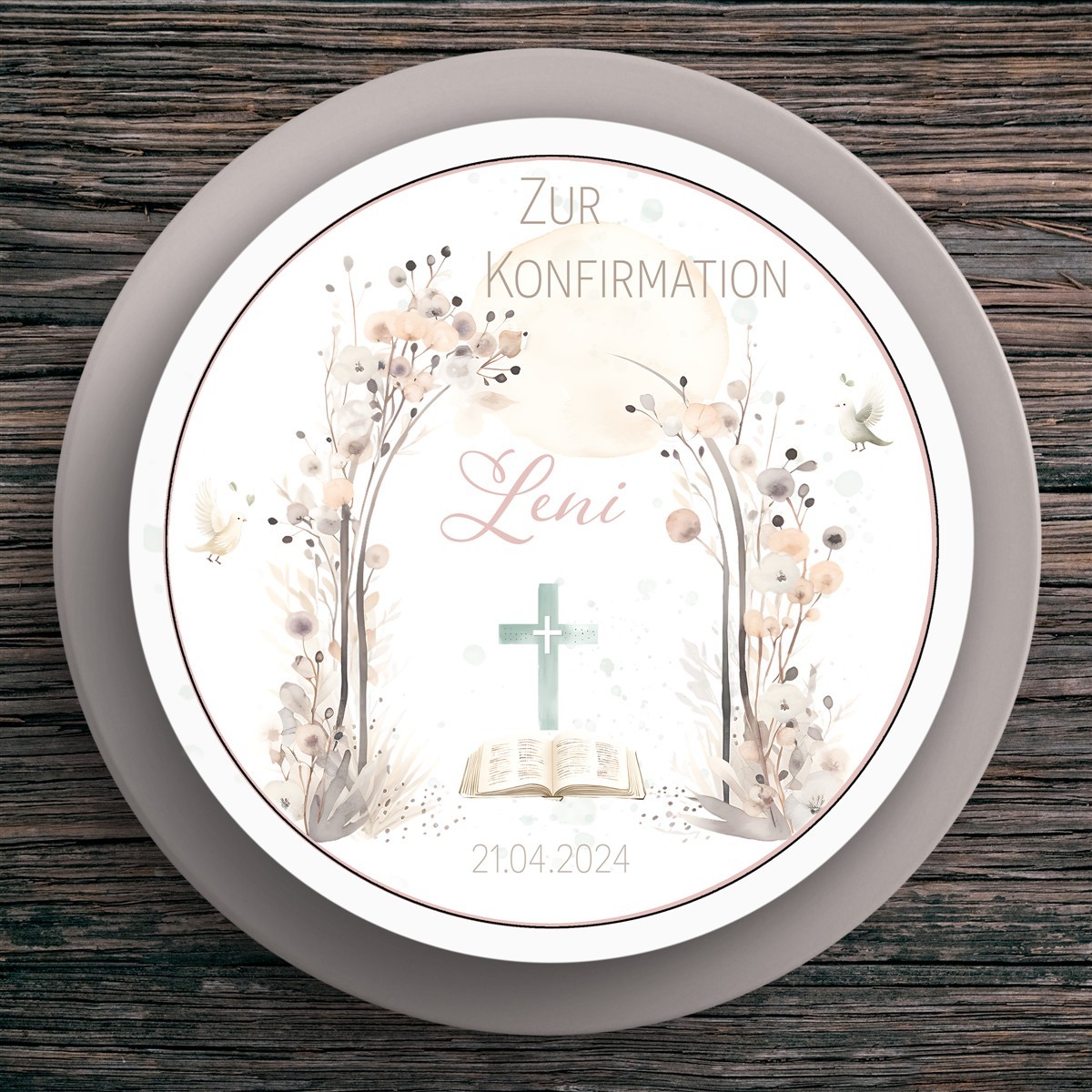 Tortenaufleger Konfirmation Kreuz #1 Name & Datum (20cm)