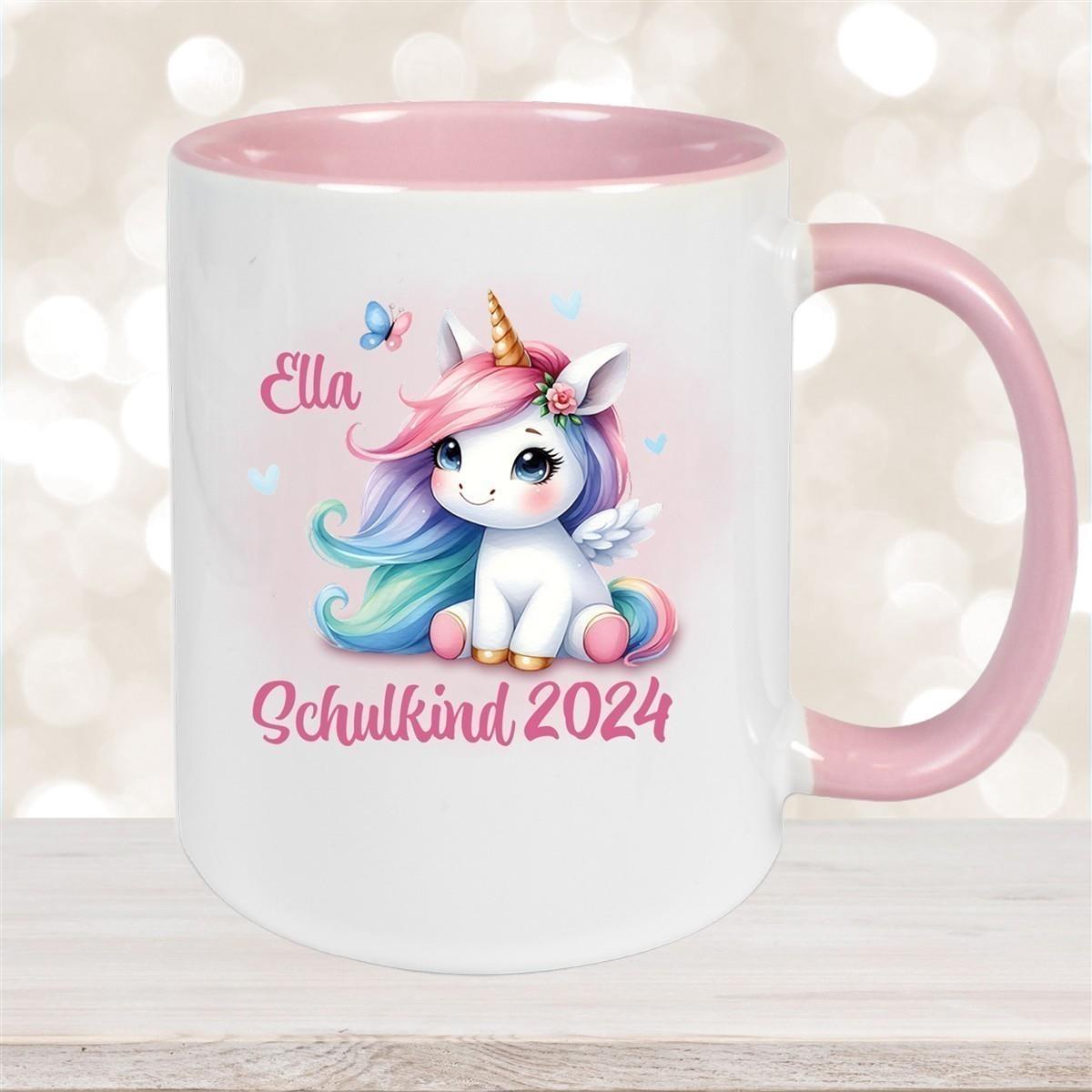 Tasse Schulkind 09 Wunschname Einhorn 2 Keramik Kinderbecher Personalisiert versch. Farben