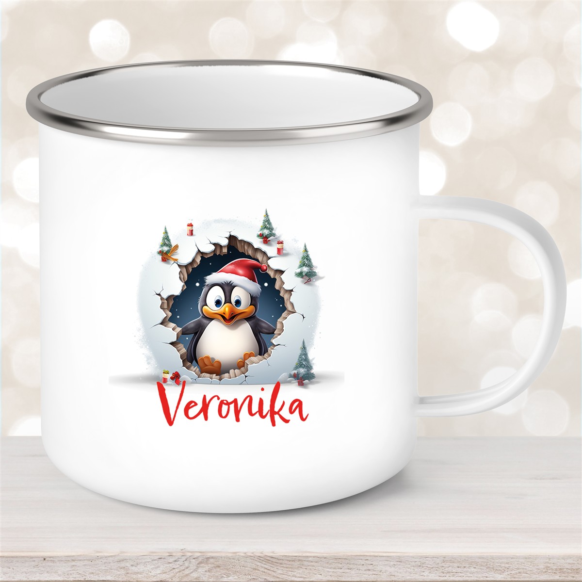 Tasse Wunschname Christmas Pinguin #2 Emaille Kinderbecher