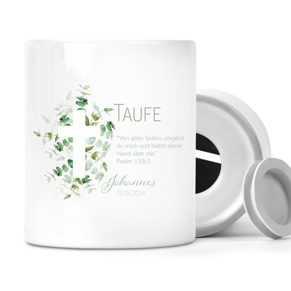 Spardose mit Wunschname Taufe Kreuz 1 personalisiert