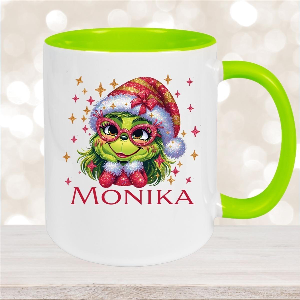 Tasse Wunschname Weihnachten Lady-Grinch 1 Keramik Kinderbecher versch. Farben