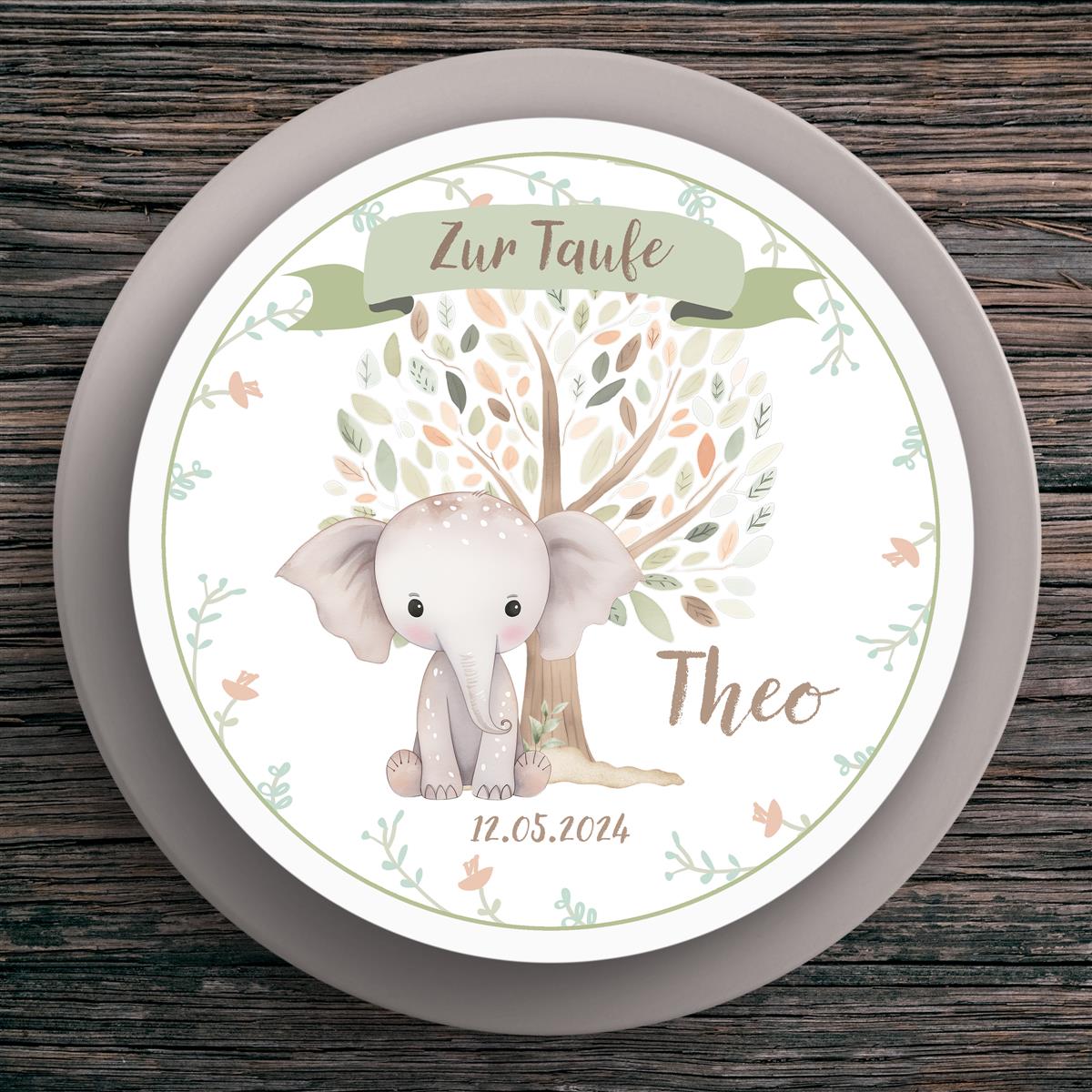 Tortenaufleger Taufe Elefant #1 Name & Datum (20cm)
