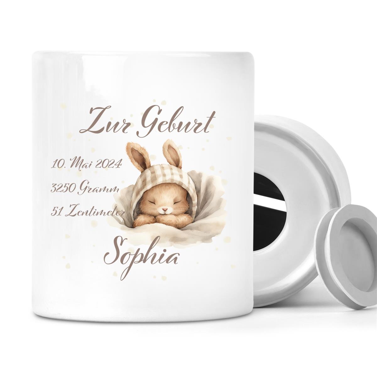 Spardose mit Wunschname Geburt Hase 1 personalisiert