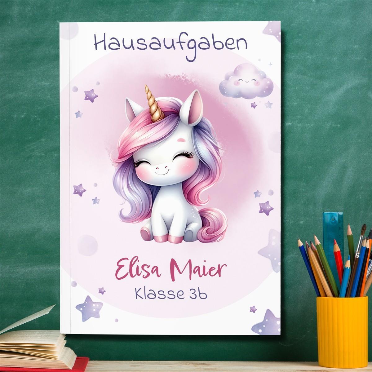 Hausaufgabenheft Einhorn 7  DIN A5 - 48 Blatt mit Name und Klasse