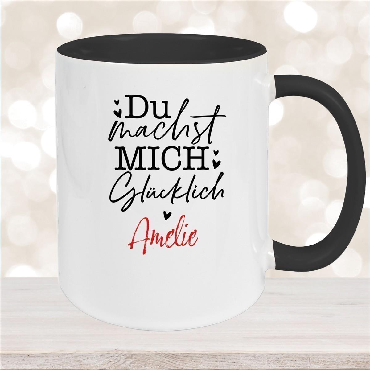 Tasse Liebe - Spruch "Du machst mich glücklich" Valentinstag Wunschnamen Keramik personalisiert versch. Farben