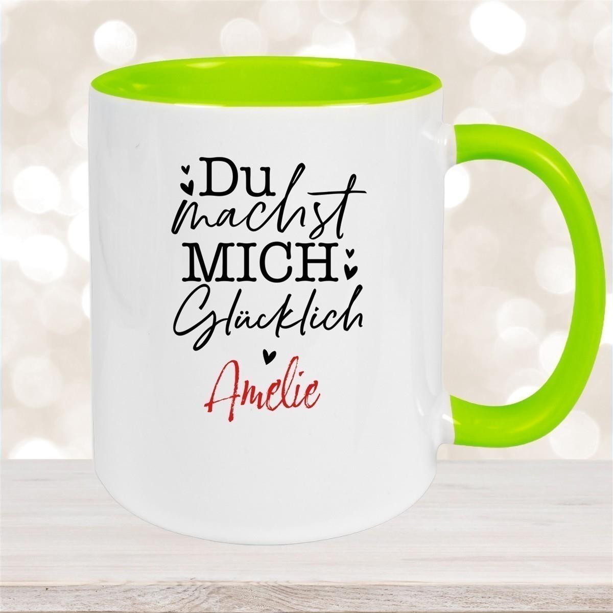 Tasse Liebe - Spruch "Du machst mich glücklich" Valentinstag Wunschnamen Keramik personalisiert versch. Farben