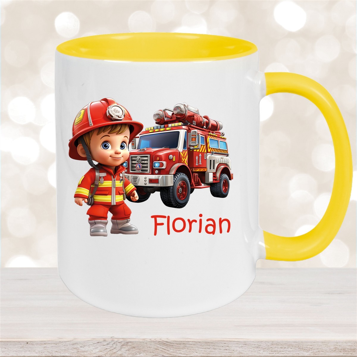 Tasse Wunschname Feuerwehr #2 Keramik Kinderbecher Gelb