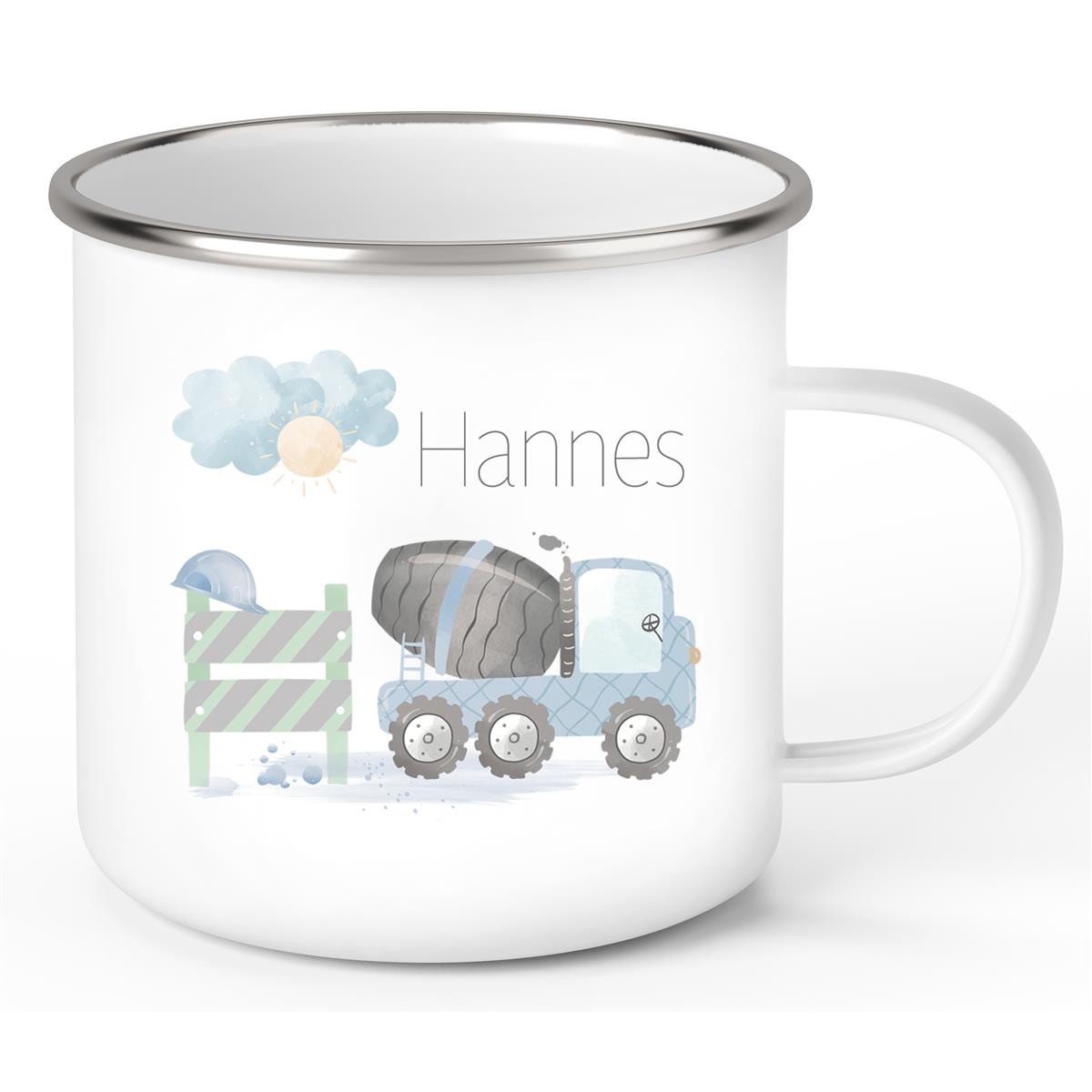 Tasse Wunschname Baustelle Betonmischer 1 Emaille Kinderbecher