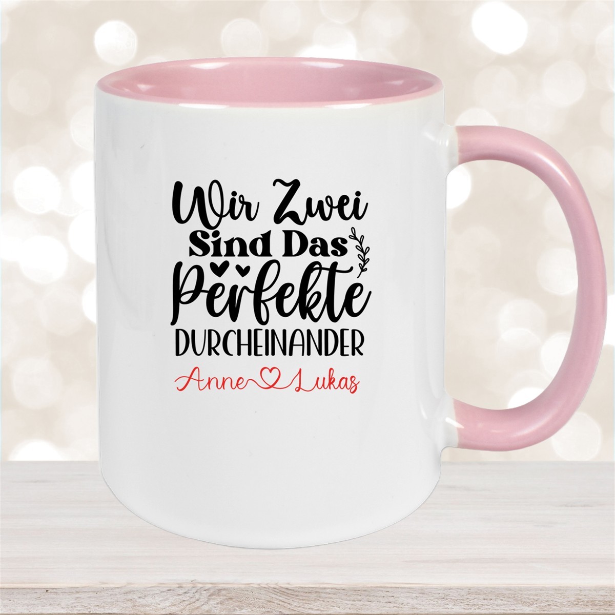 Tasse Liebe - "Wir Zwei sind das perfekte Durcheinander" Valentinstag Wunschnamen Keramik personalisiert versch. Farben Altrosa