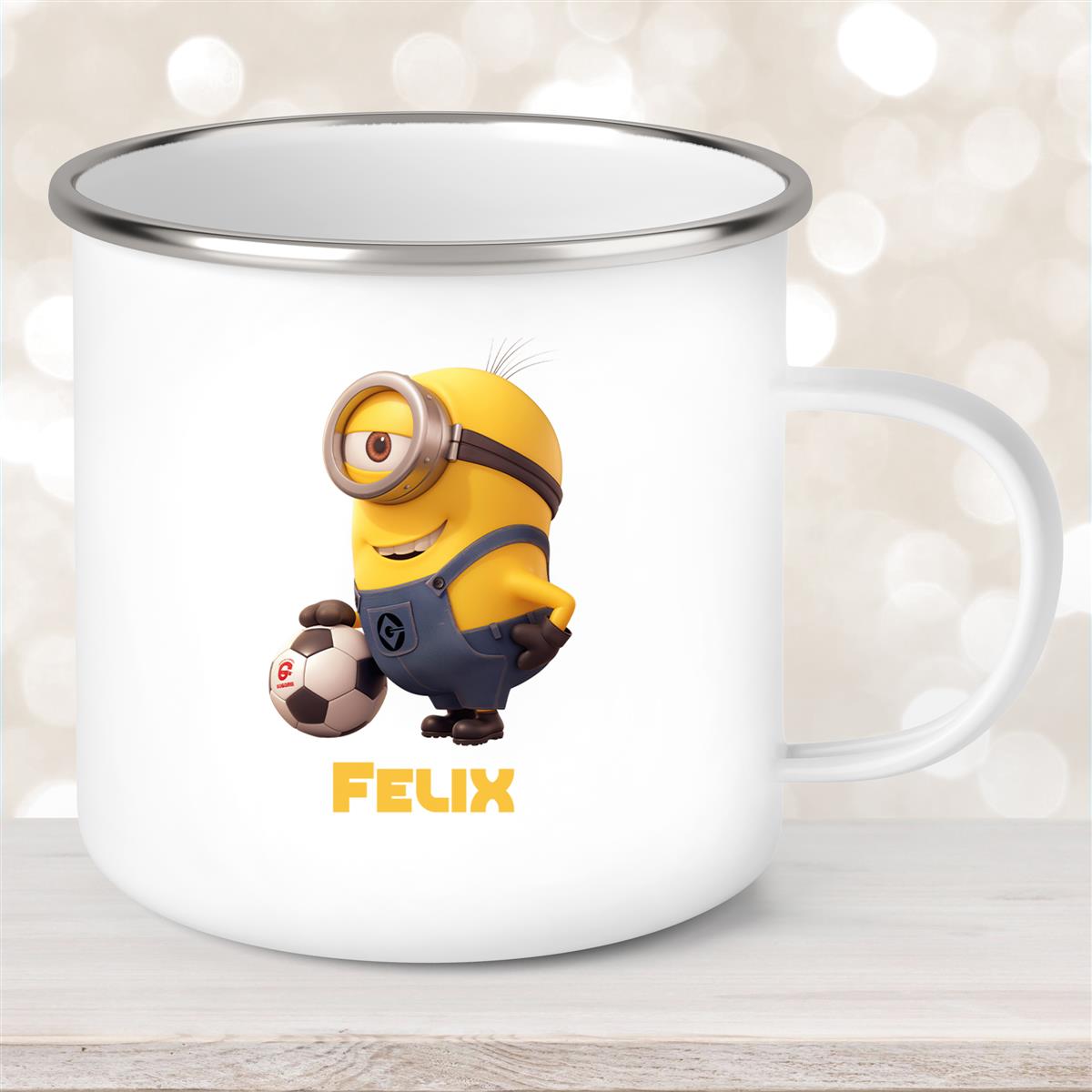 Tasse Minions Kinder Minion #8 Fußball  Wunschname Emaille Kinderbecher personalisiert